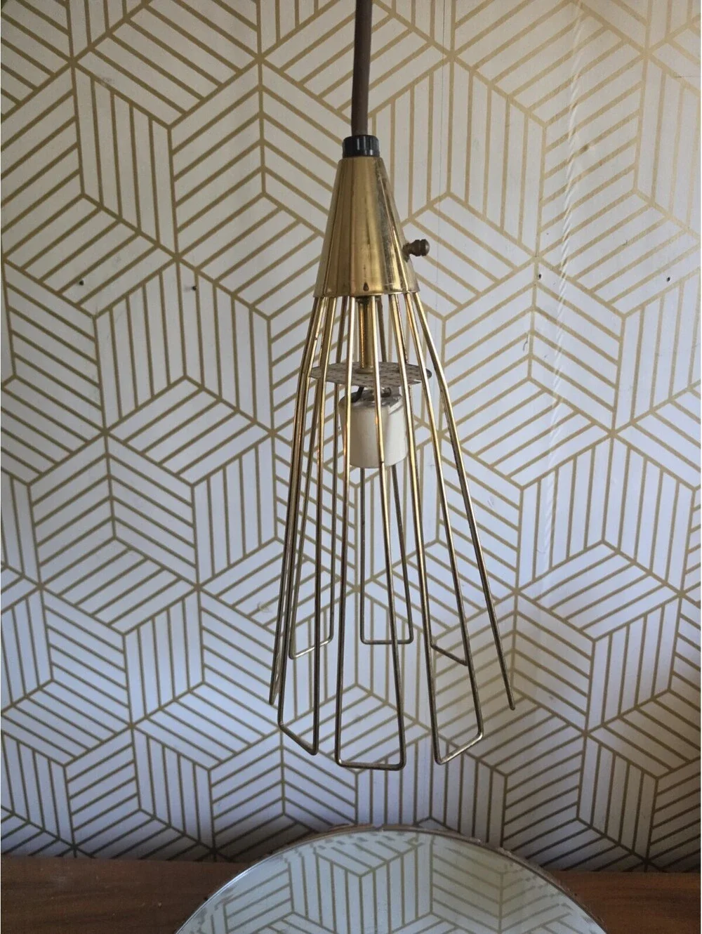 Vintage Midcentury Atomic Conical Wire Gold Cage Pendant Light Hanging Swag 50's